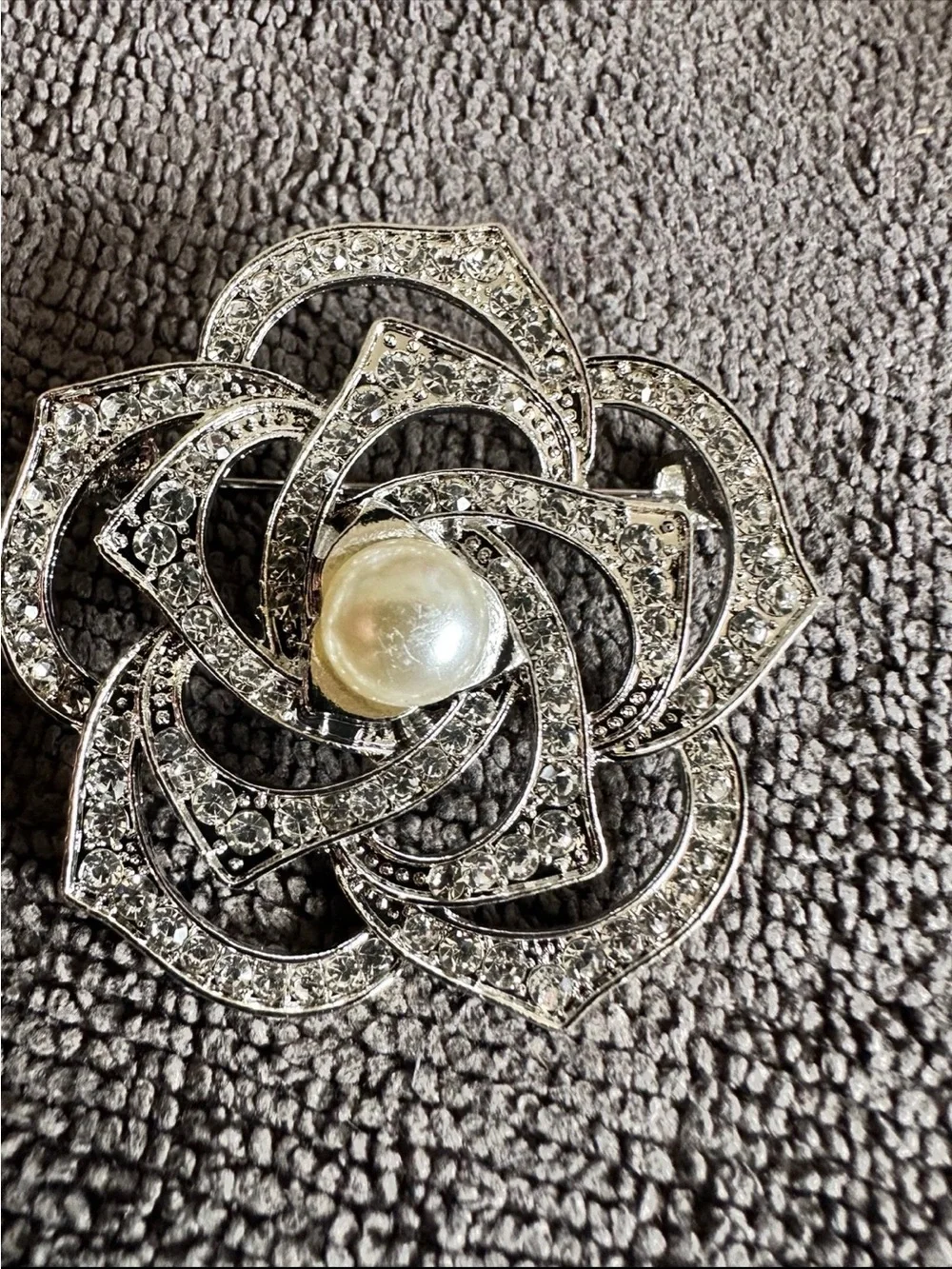 Pearl-Center Silver Crystal Floral Brooch